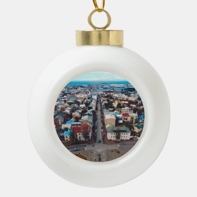 Reykjavik Aerial View Ceramic Ball Christmas Ornament (Front)