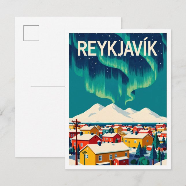 Reykjavik Iceland Art Vintage Illustration Travel Postcard (Front/Back)