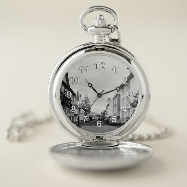 Reykjavik Iceland Landscape Black White Numbers Pocket Watch (Inside)