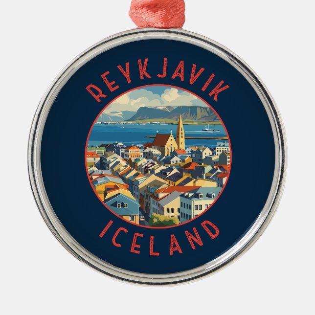 Reykjavík Iceland Retro Distressed Circle Metal Ornament (Front)