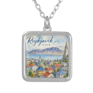 Reykjavik Iceland souvenir watercolor Silver Plated Necklace