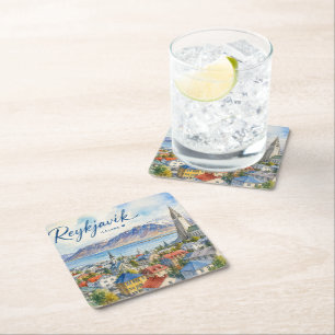 Reykjavik Iceland souvenir watercolor Square Paper Coaster