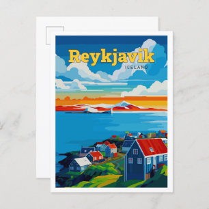 Reykjavik Iceland Travel Art Vintage Illustration Postcard