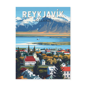 Reykjavík Iceland Travel Art Vintage Postcard