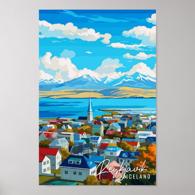 Reykjavik Iceland vintage travel illustration Poster (Front)