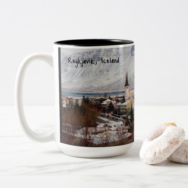 Reykjavik, Iceland  Winter Scene Two-Tone Coffee Mug (With Donut)