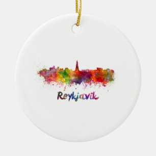 Reykjavik skyline in watercolor ceramic ornament