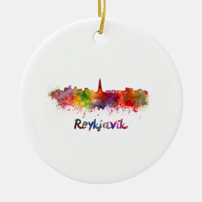 Reykjavik skyline in watercolor ceramic ornament (Front)