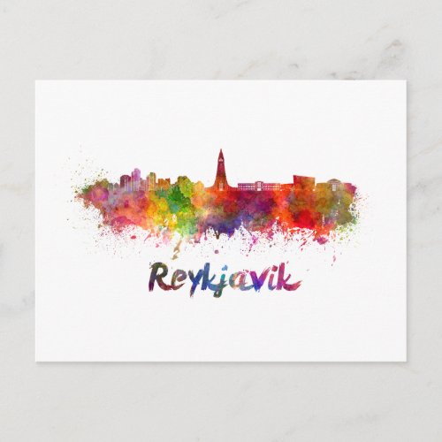 Reykjavik skyline in watercolor postcard