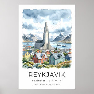 Reykjavik Watercolor Print, Hallgrímskirkja and Poster