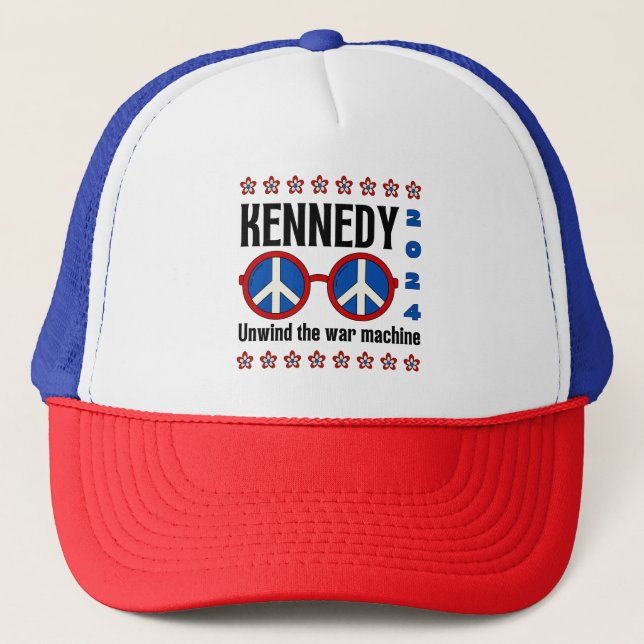RFK Jr Kennedy '24 "Unwind the war machine" Retro  Trucker Hat (Front)