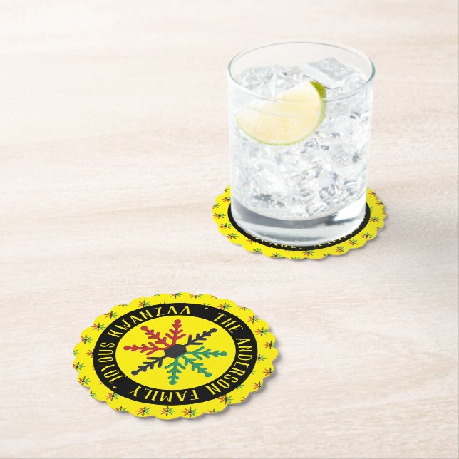 RGB Snowflakes Pattern Add Name Joyous Kwanzaa Paper Coaster (Insitu)