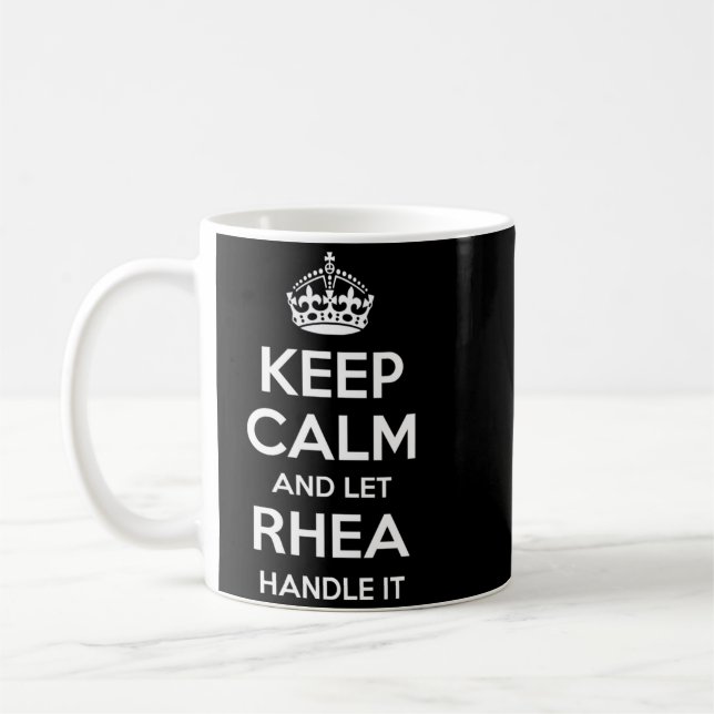 Rhea Keep Calm Personalized Name Funny Birthday Coffee Mug (Left)
