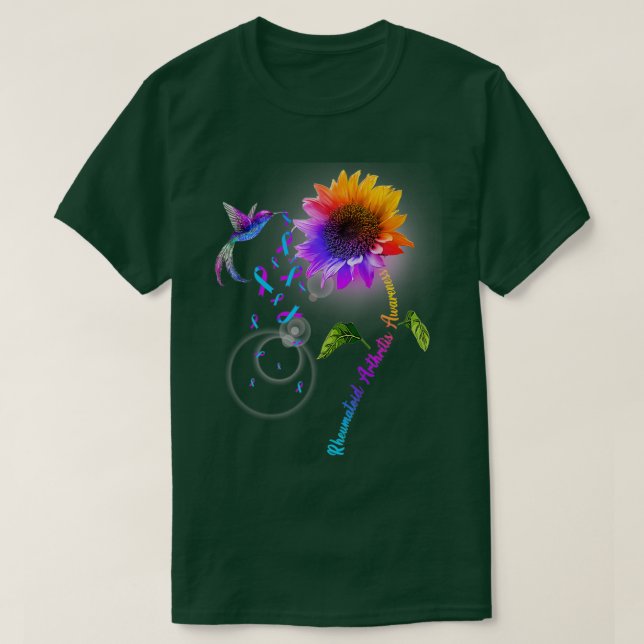 Rheumatoid Arthritis Awareness Sunflower Hummingbi T-Shirt (Design Front)