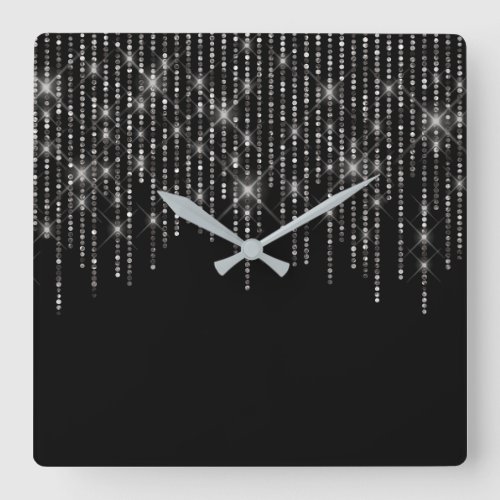 Rhinestone Bling on Black Square Wall Clock