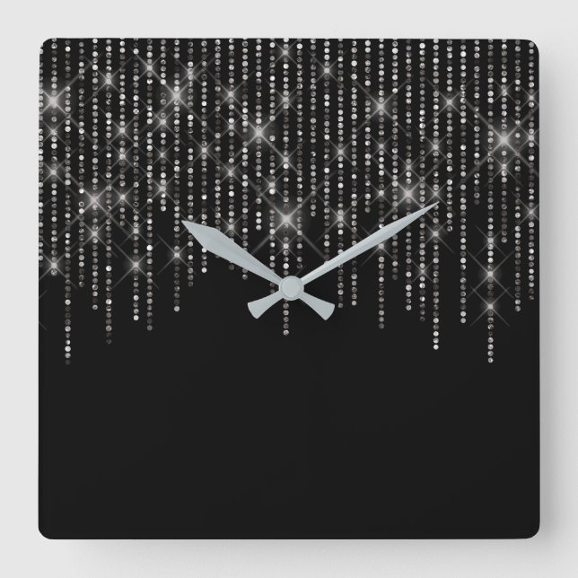 Rhinestone Bling on Black Square Wall Clock (Front)