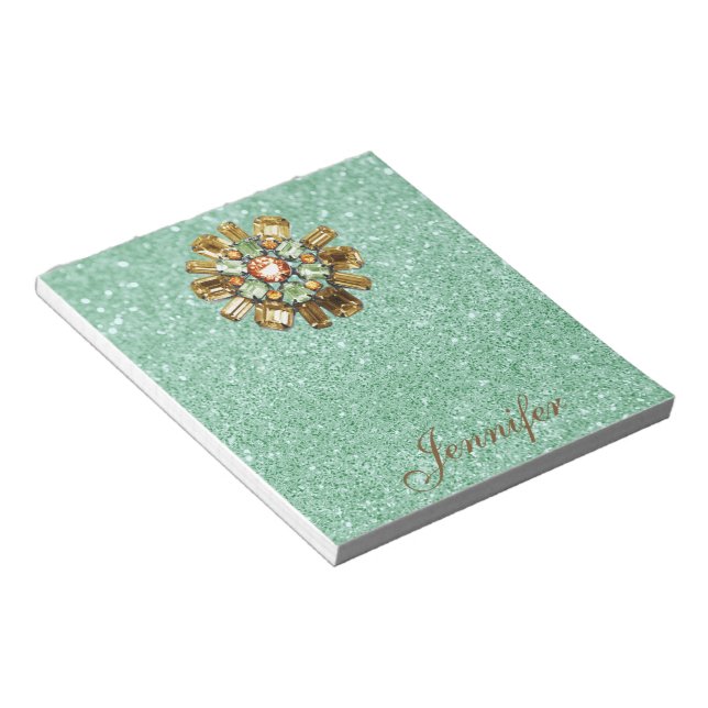 Rhinestone Broach Green Faux Glitter Notepad (Angled)