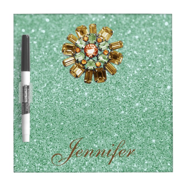 Rhinestone Broach Soft Green Faux Glitter Dry Erase Board (Front)