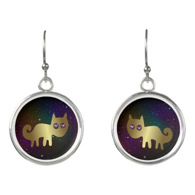 Rhinestone Cat Earrings - Nazca Lines Gold Animal (Front)