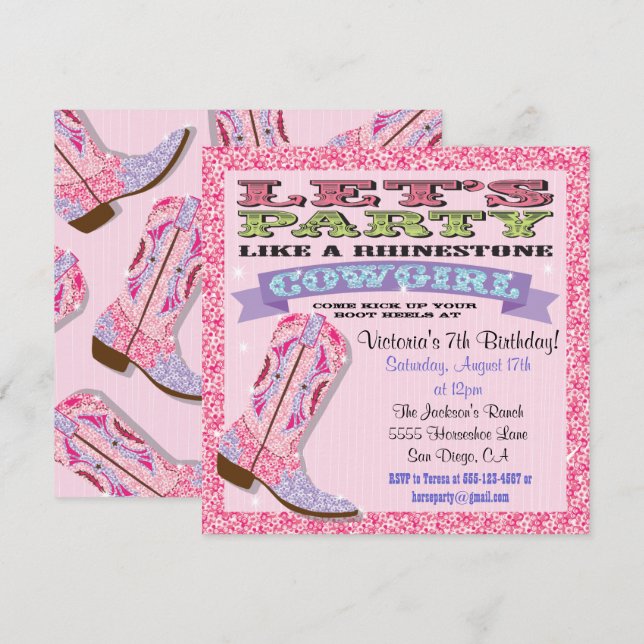 Rhinestone Cowgirl Birthday Party Invitations (Front/Back)