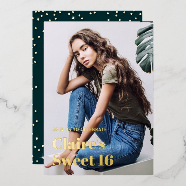 Rhinestone Glam Gold Modern Elegant Sweet 16 Photo Foil Invitation (Front/Back)