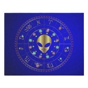Rhinestone Golden Ancient Alien Horoscope Faux Canvas Print