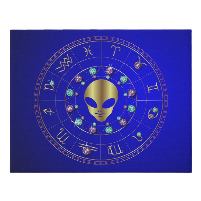 Rhinestone Golden Ancient Alien Horoscope Faux Canvas Print (Front)