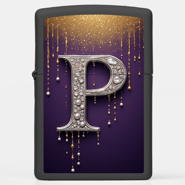 💎 Rhinestone P Letter Diamonds Monogram Gift 💎 Zippo Lighter (Front)
