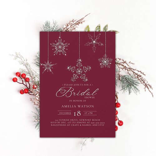 Rhinestone Snowflake Burgundy Winter Bridal Shower Invitation