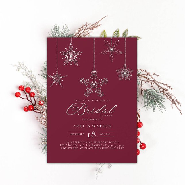 Rhinestone Snowflake Burgundy Winter Bridal Shower Invitation (rhinestones bridal shower invitation glitter snowflakes burgundy red modern festive classy bling)