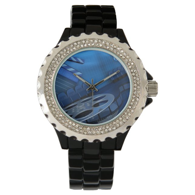 Rhinestone with Black Enamel Watch Blue Film Reel (Front)