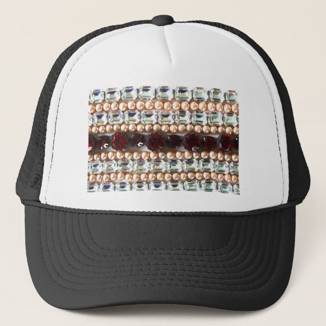 Rhinestones and pearls - vintage jewelry trucker hat (Front)