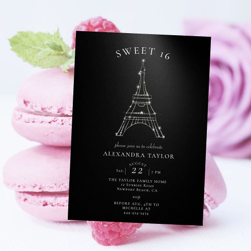 Rhinestones Eiffel Paris Black Minimal Sweet 16 Invitation