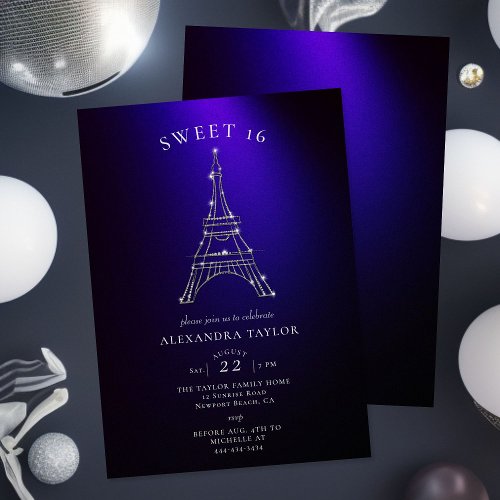 Rhinestones Eiffel Paris Purple Minimal Sweet 16 Invitation