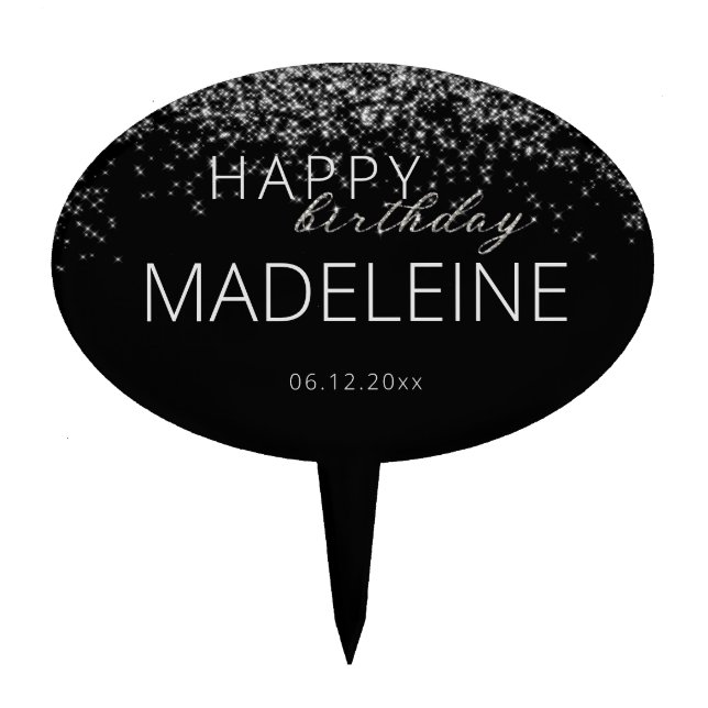 Rhinestones Glitter Simple Elegant Black Birthday Cake Topper (Front)