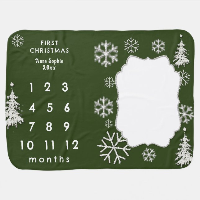 Rhinestones Green Baby First Christmas Milestones Baby Blanket (Horizontal)