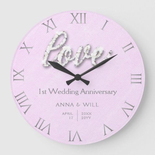 Rhinestones Love Pink Elegant Wedding Anniversary Large Clock