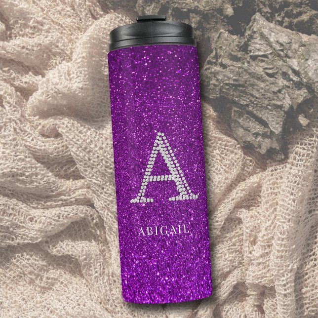 Rhinestones Monogram A Glitter Sparkle Purple Chic Thermal Tumbler (personalized tumbler monogram a rhinestone glitter sparkle purple bridesmaid mom sister girlfriend )