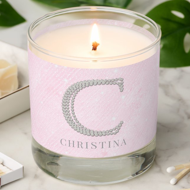 Rhinestones Monogram C Glitter Sparkle Blush Pink Scented Candle (personalized candle monogram letter C rhinestone glitter sparkle pink bridesmaid mom sister wife )