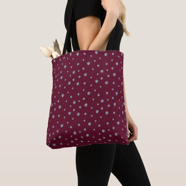 Rhinestones on dark red tote bag (Close Up)