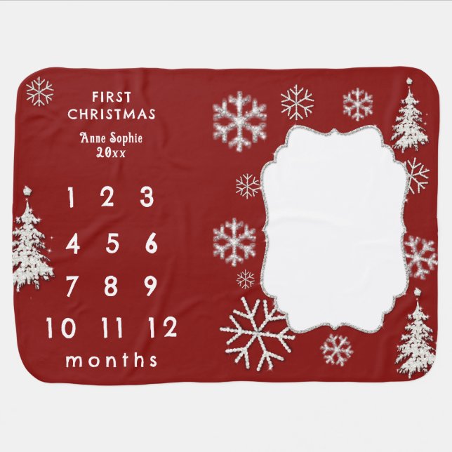 Rhinestones Red Baby First Christmas Milestones Baby Blanket (Horizontal)