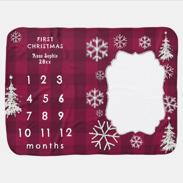 Rhinestones Red Plaid First Christmas Milestones Baby Blanket (Horizontal)
