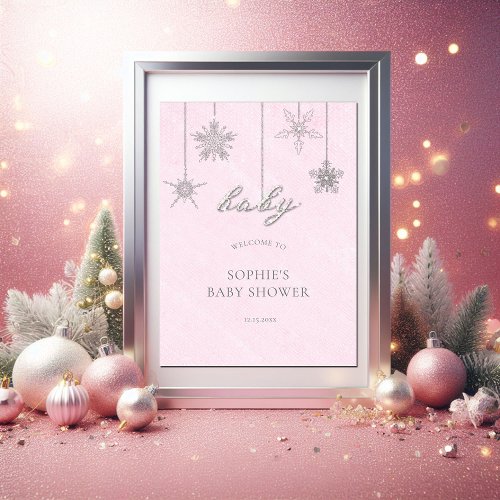 Rhinestones Snowflakes Pink Baby Shower Welcome Poster