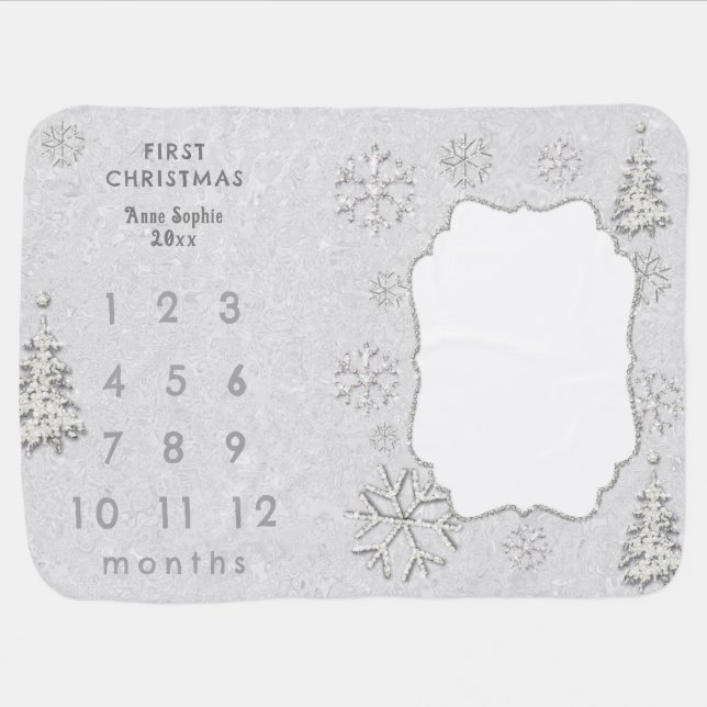 Rhinestones White Baby First Christmas Milestones Baby Blanket (Horizontal)