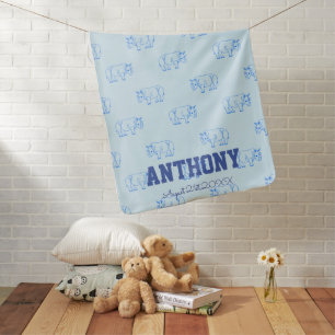 Rhino 1st Birthday Blue Pattern Custom Name Baby Blanket