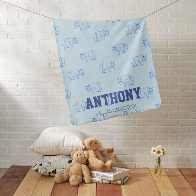 Rhino 1st Birthday Blue Pattern Custom Name Baby Blanket (In Situ)
