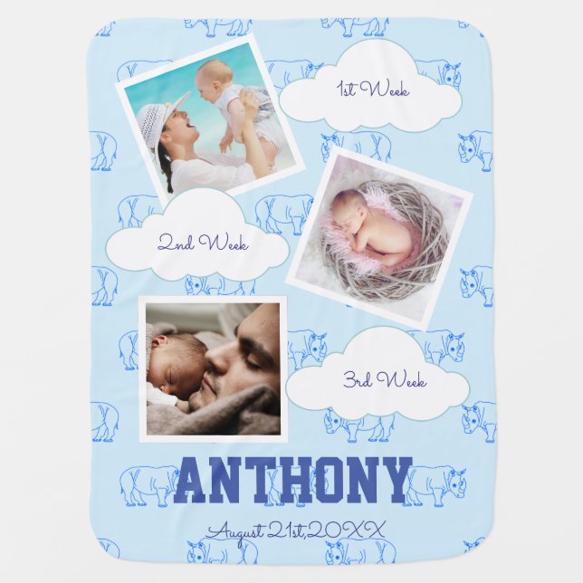 Rhino 1st Birthday Custom Photo Cute Blue Pattern Baby Blanket (Front)