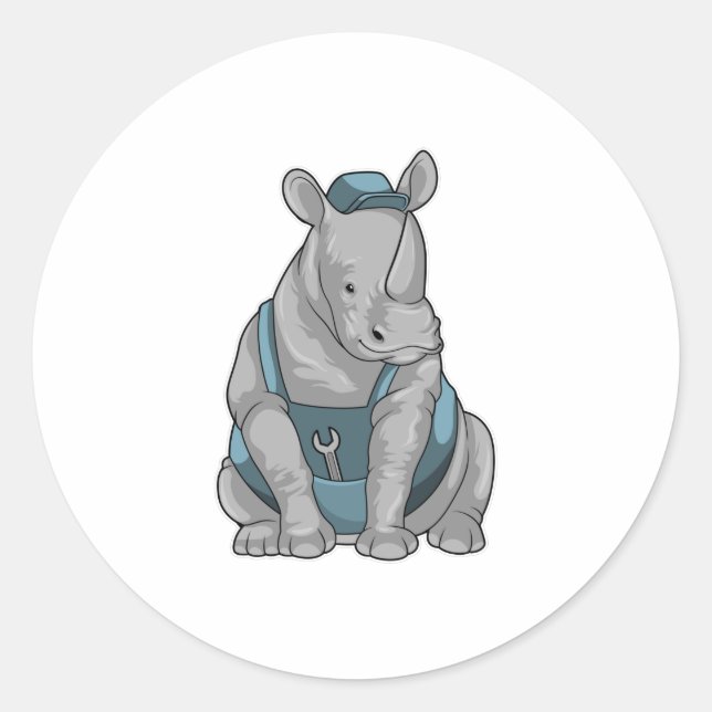 Rhino as Craftsman with Wrench Classic Round Sticker (Front)