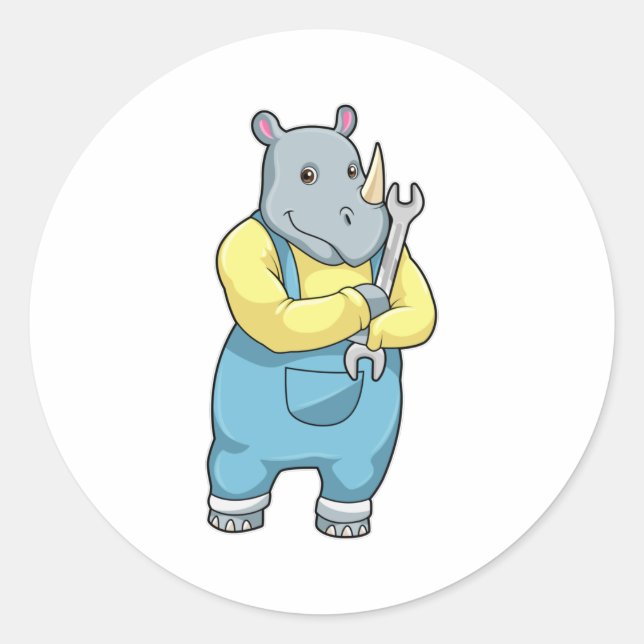 Rhino as Mechanic with Wrench Classic Round Sticker (Front)