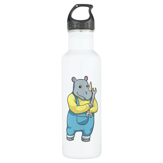 Rhino as Mechanic with Wrench Stainless Steel Water Bottle (Front)